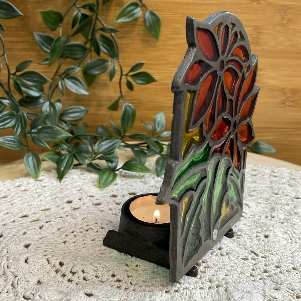 Vtg Stained Glass Cast Iron Tea Light Candle Holder Poinsettia Christmas Taiwan